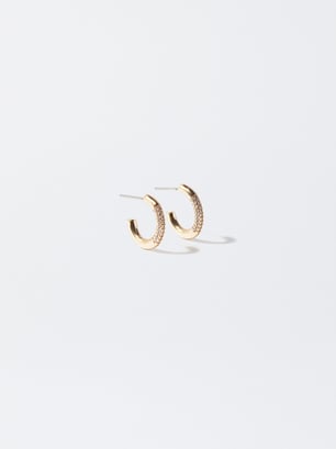 Golden Hoop Earrings With Zircons, Golden, hi-res