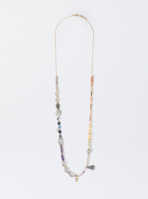 Golden Necklace With Stones, Multicolor, hi-res