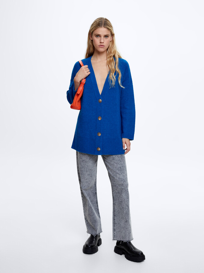 Colour Block Knit Cardigan, Blue, hi-res