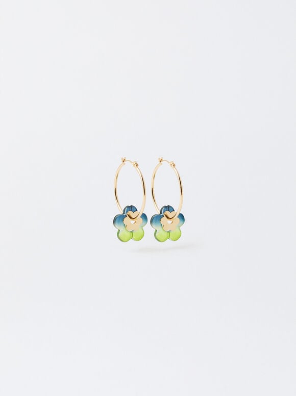 Flower Hoop Earrings, Green, hi-res