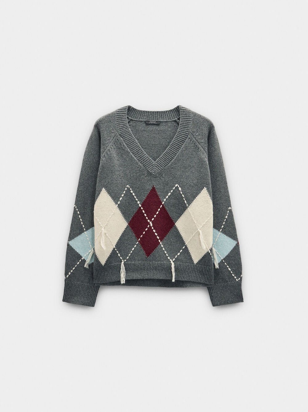 Strickpullover mit Rautenmuster und Stickerei