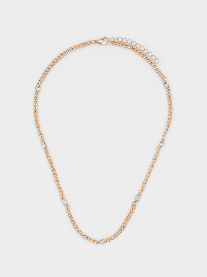 Short Golden Necklace With Crystals, Golden, hi-res