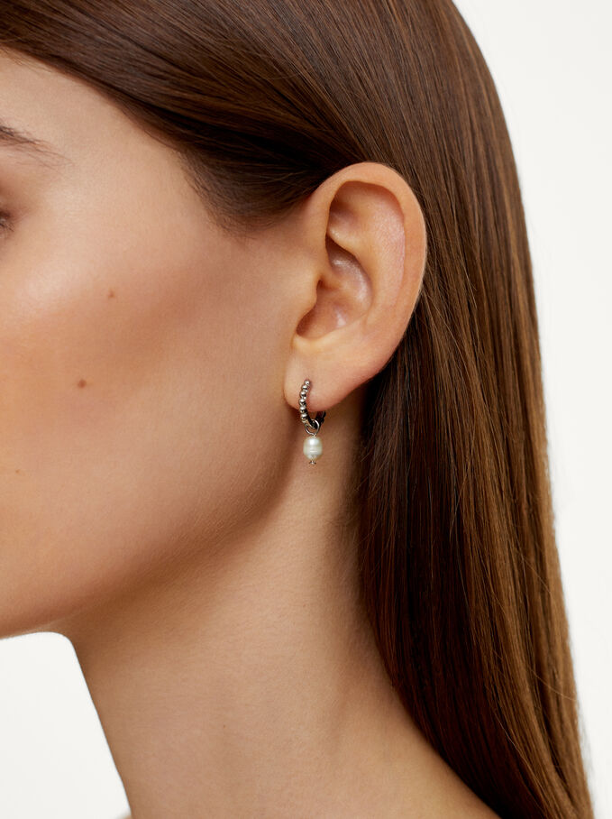 Hoop Earrings With Freshwater Pearl, Silver, hi-res