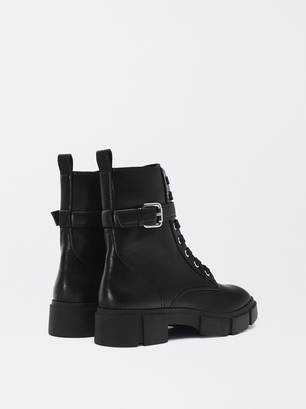 Online Exclusive - Lace-Up Ankle Boots With Buckle, Black, hi-res