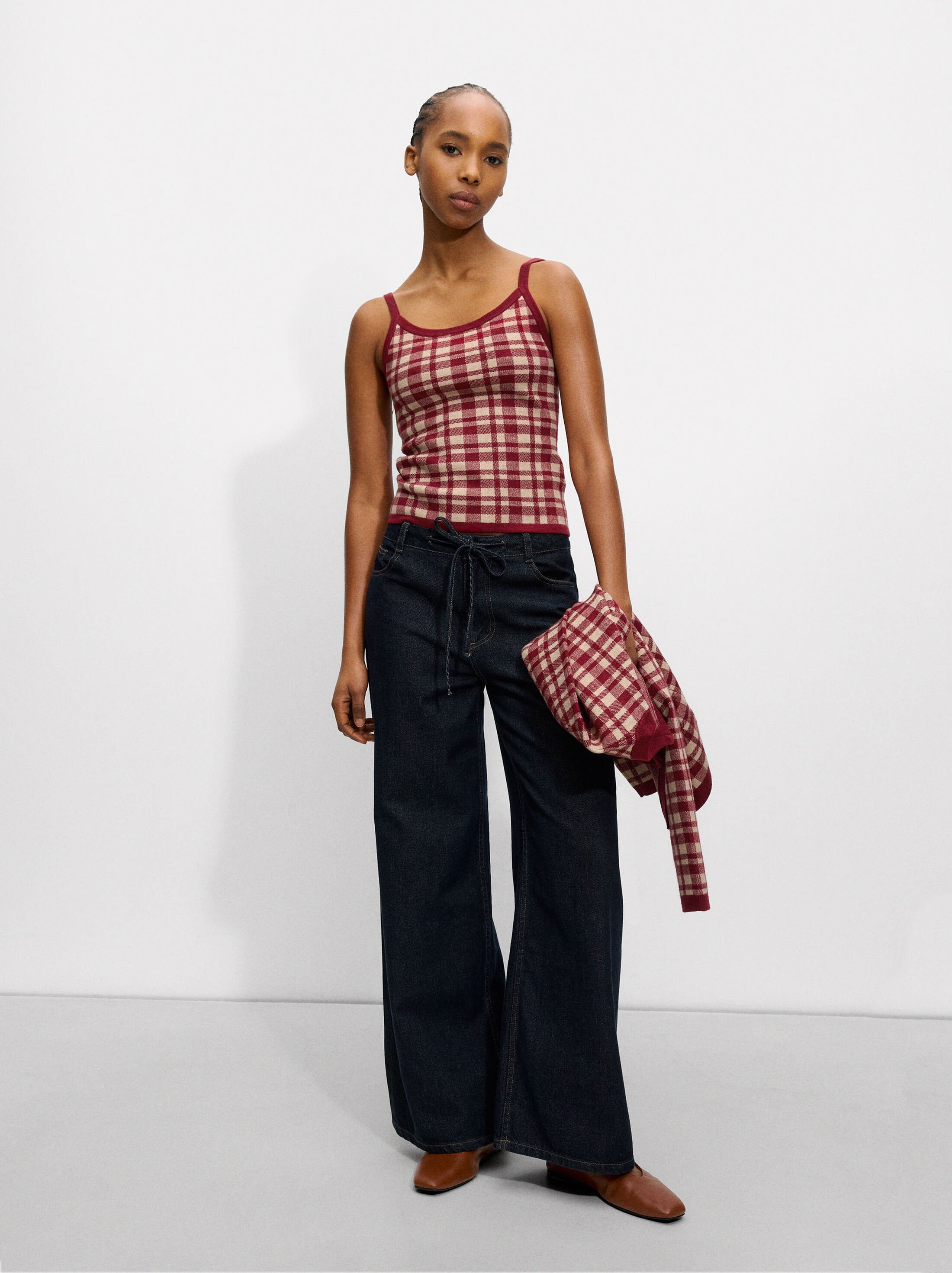 Jacquard knit top with checkered straps image number 0.0
