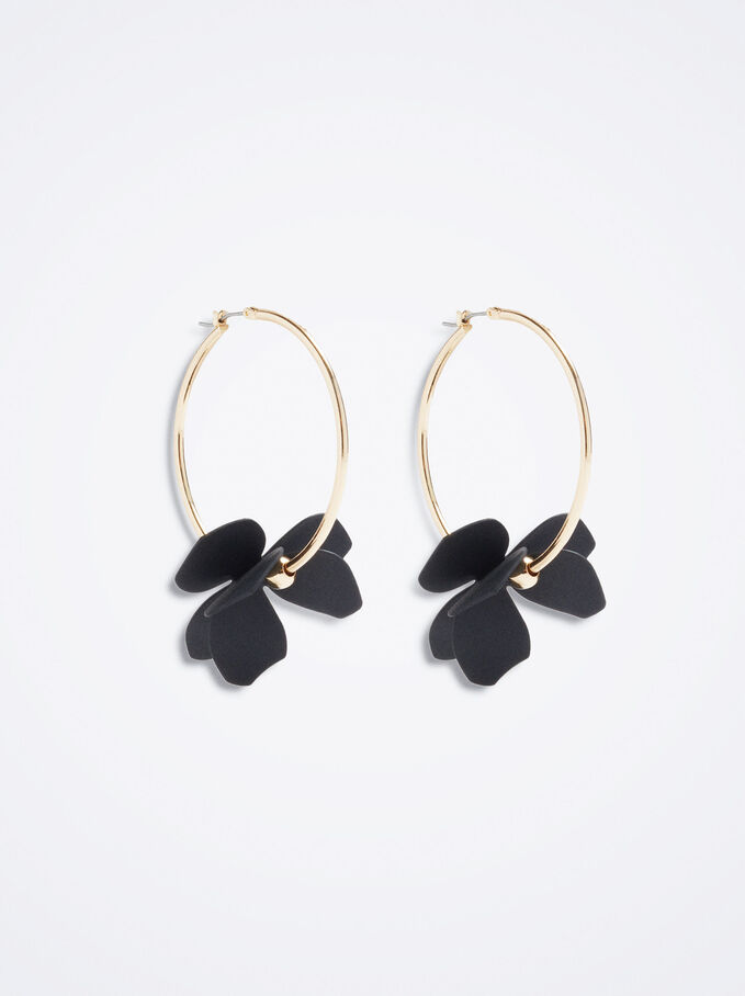 Hoop Earrings With Flower, Black, hi-res