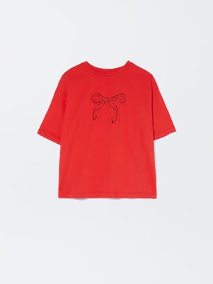 Cotton T-Shirt With Rhinestones, Red, hi-res