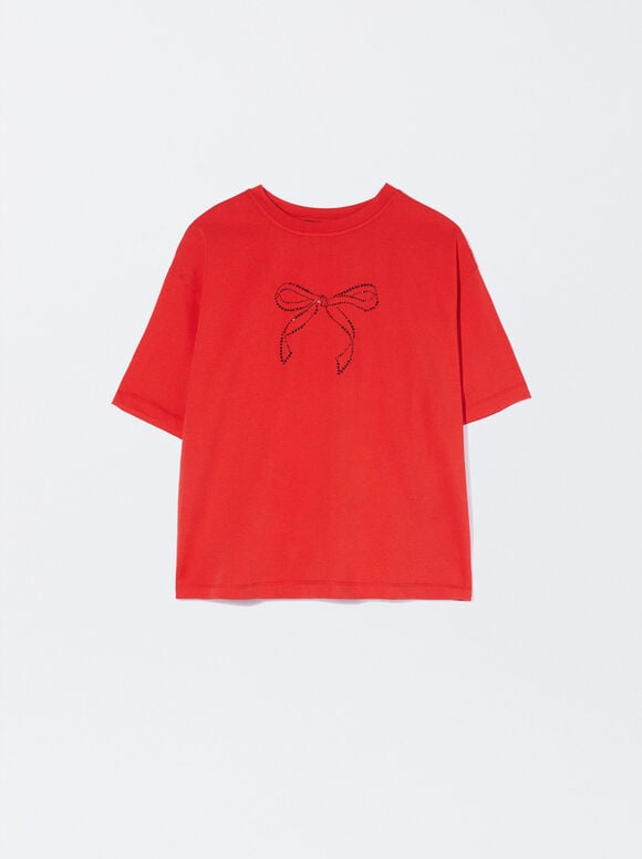 T-Shirt En Coton Avec Strass, Rouge, hi-res
