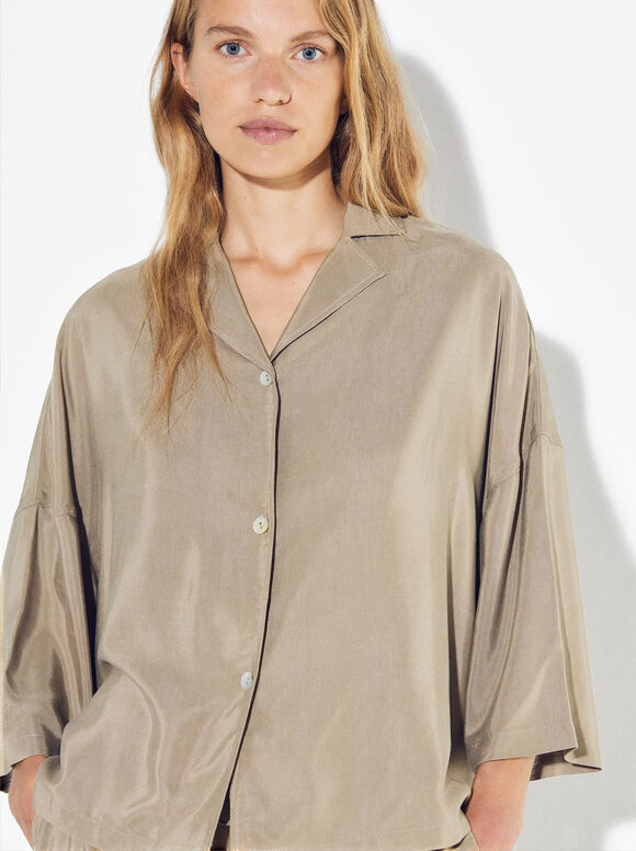 Cupro Shirt With Buttons, Beige, hi-res