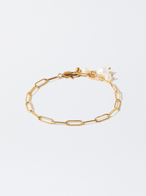 Stainless Steel Bracelet With Pearls, Golden, hi-res