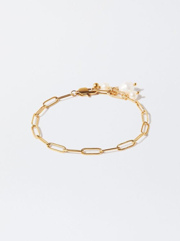 Stainless Steel Bracelet With Pearls, Golden, hi-res