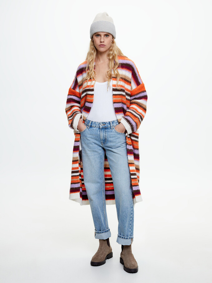 Long Knitted Cardigan With Pockets, Multicolor, hi-res