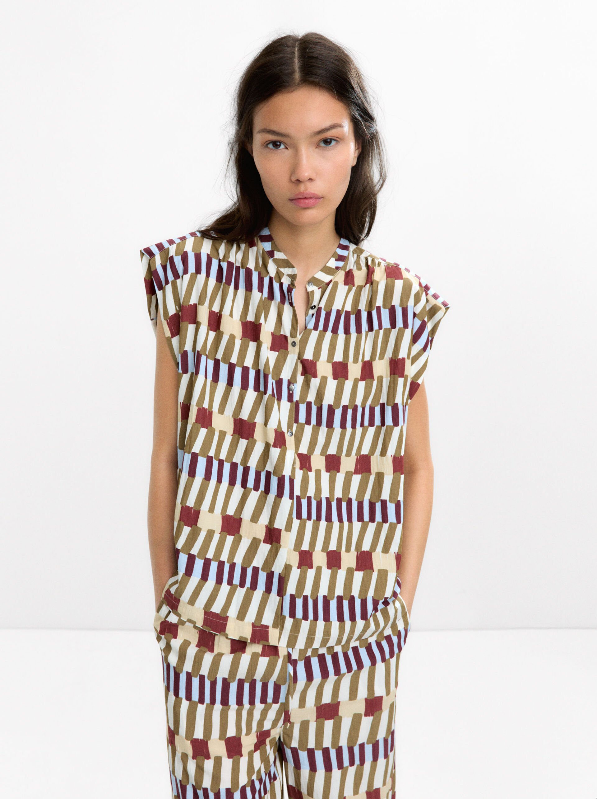 Printed top with mandarin collar image number 0.0