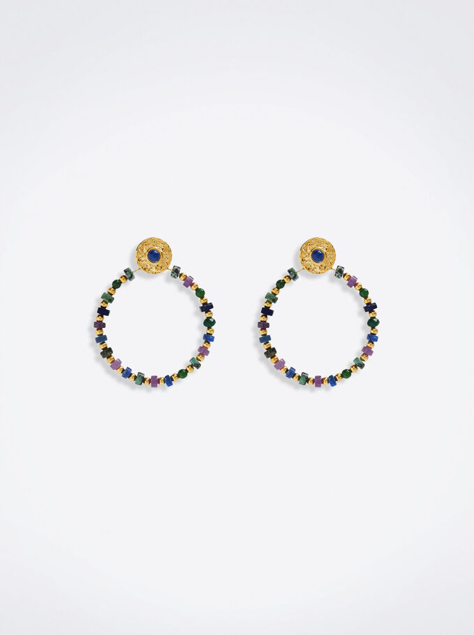 Steel Earrings With Semiprecious Stone, Multicolor, hi-res
