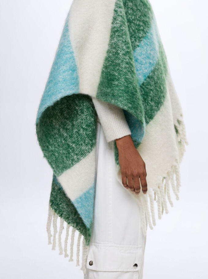 Knit Poncho With Fringes, Green, hi-res