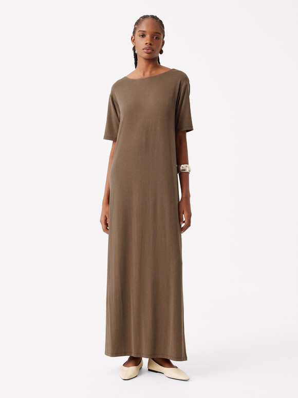 Flowy Dress With Short Sleeves , Brown, hi-res