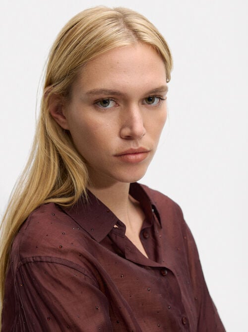 Semi-transparent shirt with rhinestones
