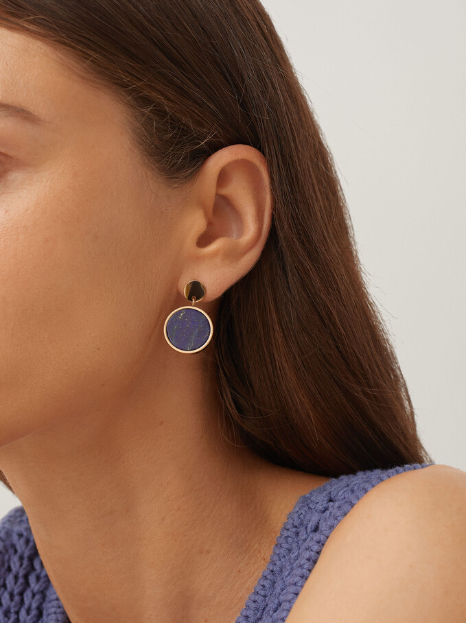 Steel Earrings With Stone, Blue, hi-res