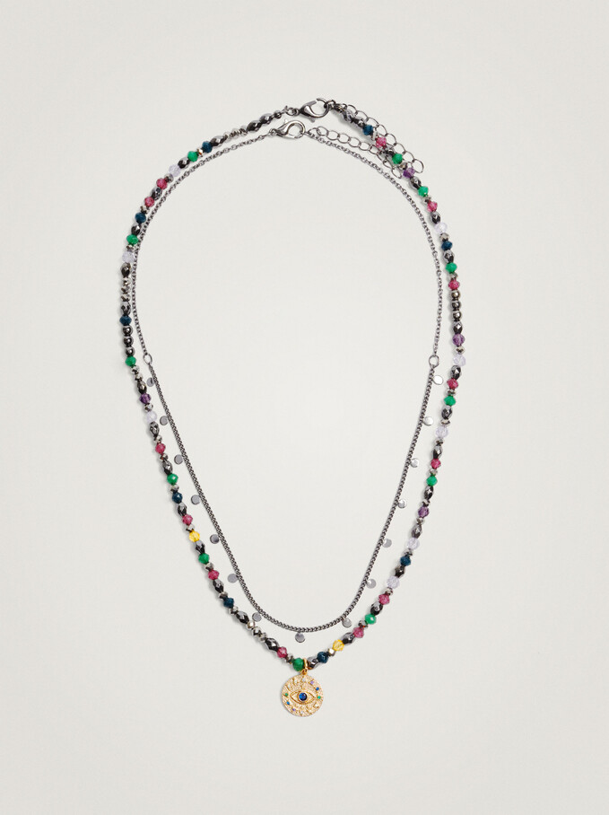 Set Of Contrasting Necklaces With Beads And Medallion, Multicolor, hi-res