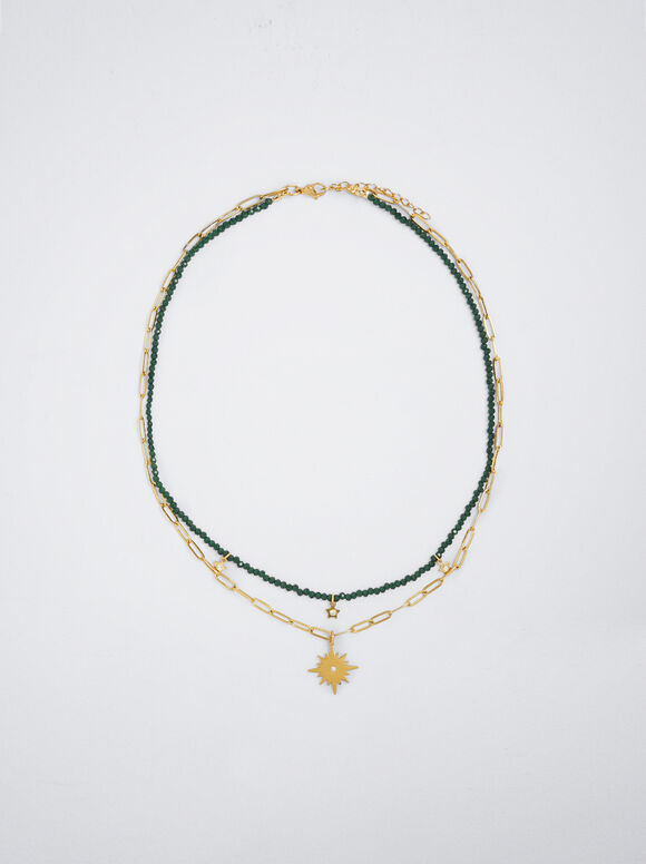 Set Of Steel Necklaces With Stars, Green, hi-res