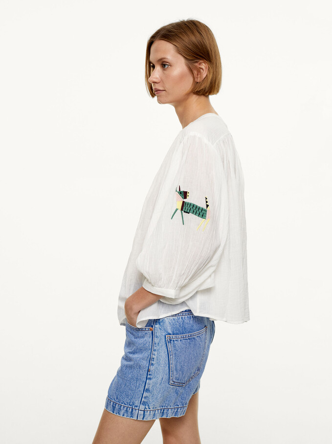 Cotton Blouse With Embroidery, Ecru, hi-res