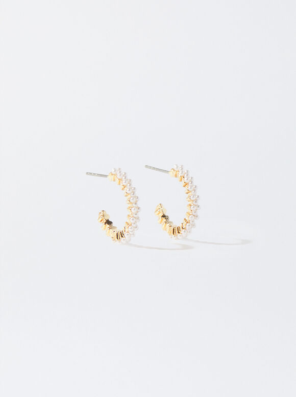 Gold-Toned Hoop Earrings With Faux Pearls, Golden, hi-res