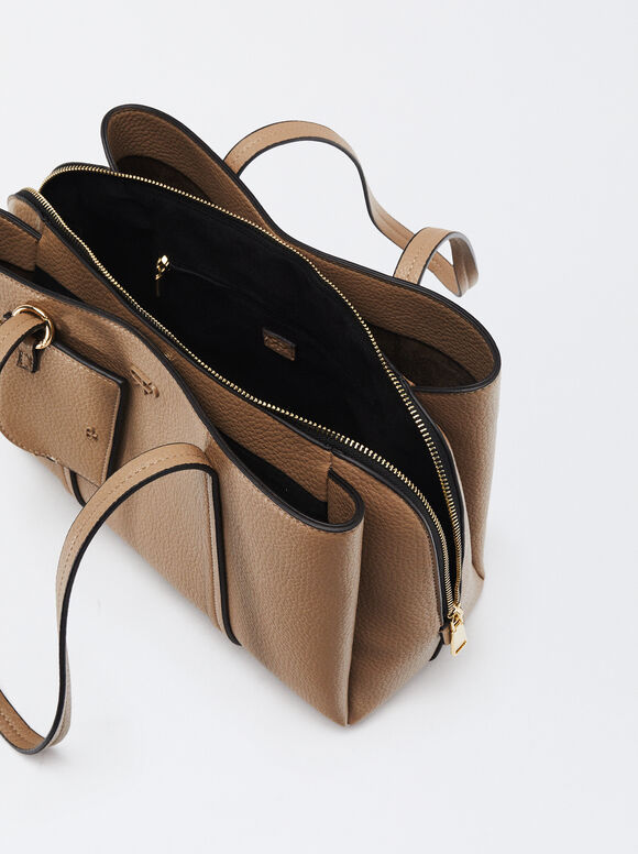 Shopper Bag With Pendant, Brown, hi-res