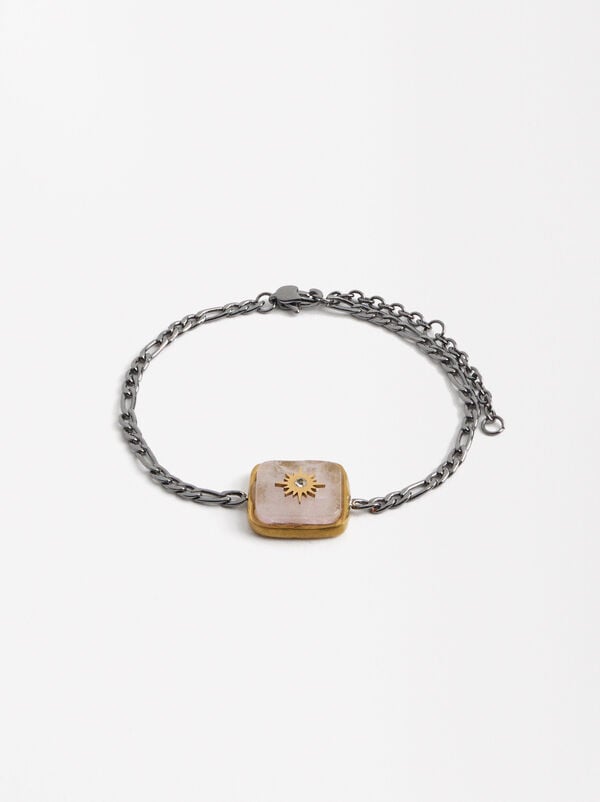 Bicolor Link Bracelet with Stone - Stainless Steel