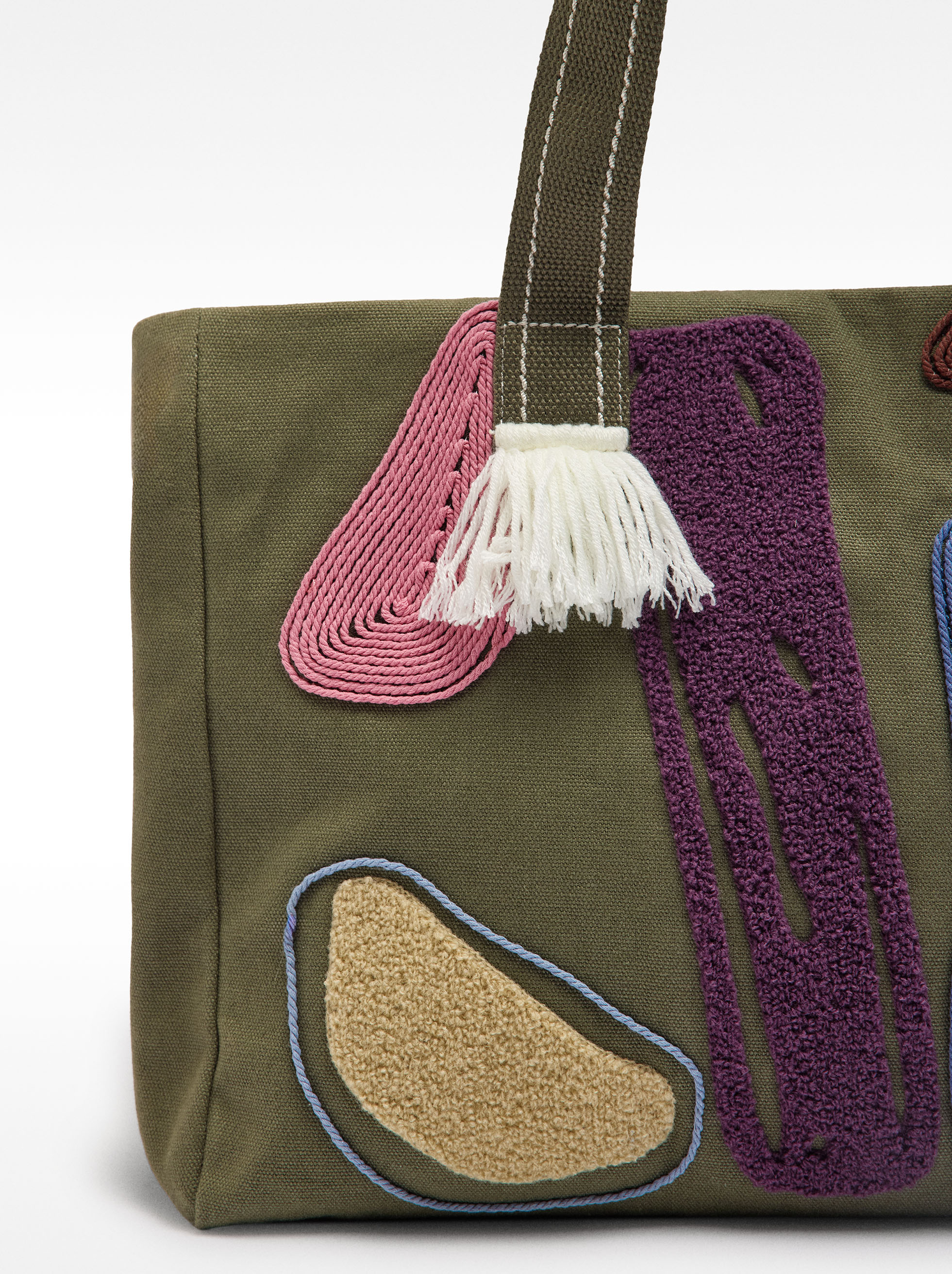 Shopper bag in fabric with multicolor applications image number 2.0