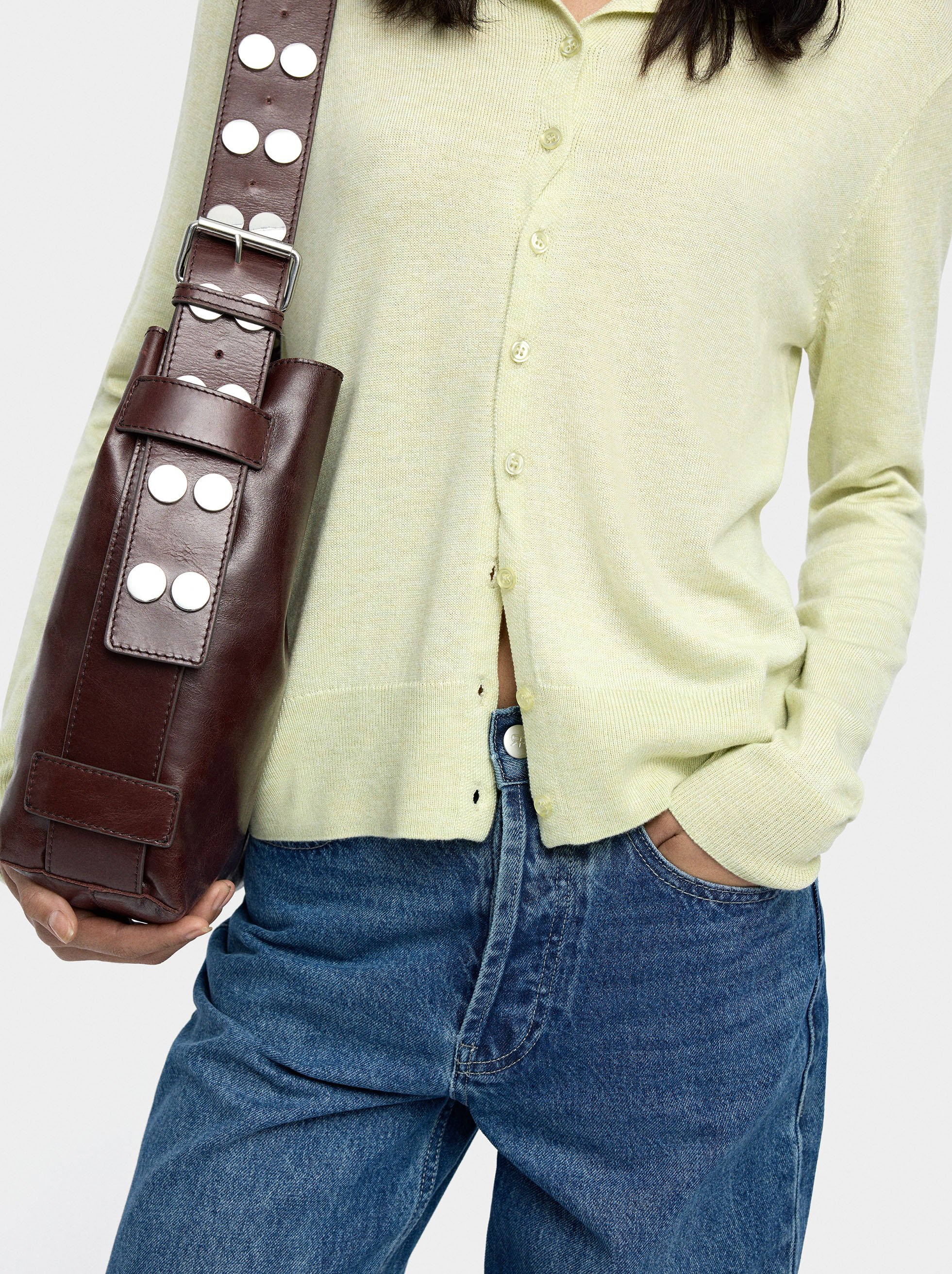 Knit mesh cardigan with high neck image number 4.0