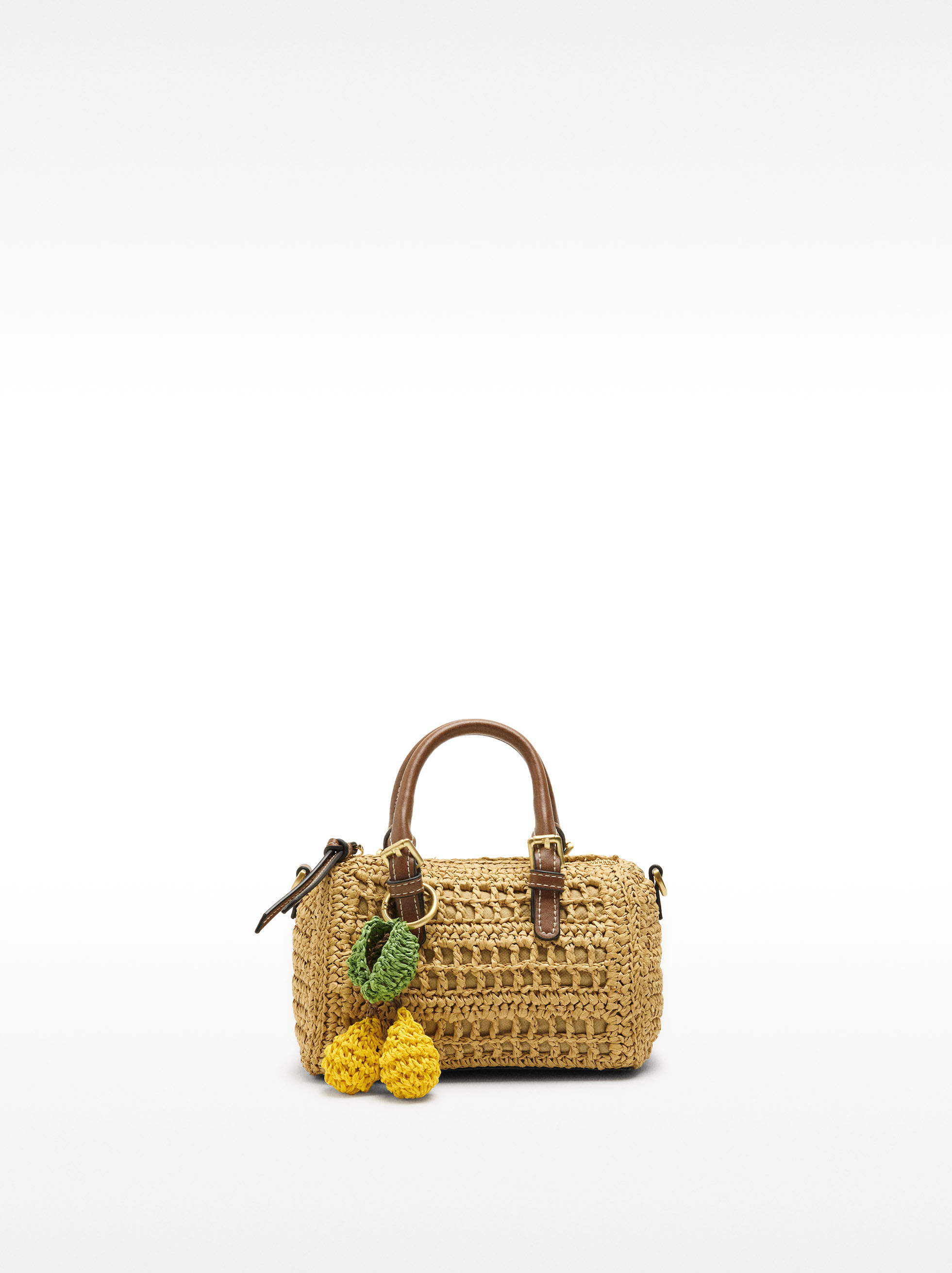 Straw-effect tote bag with pendant, Natural, hi-res