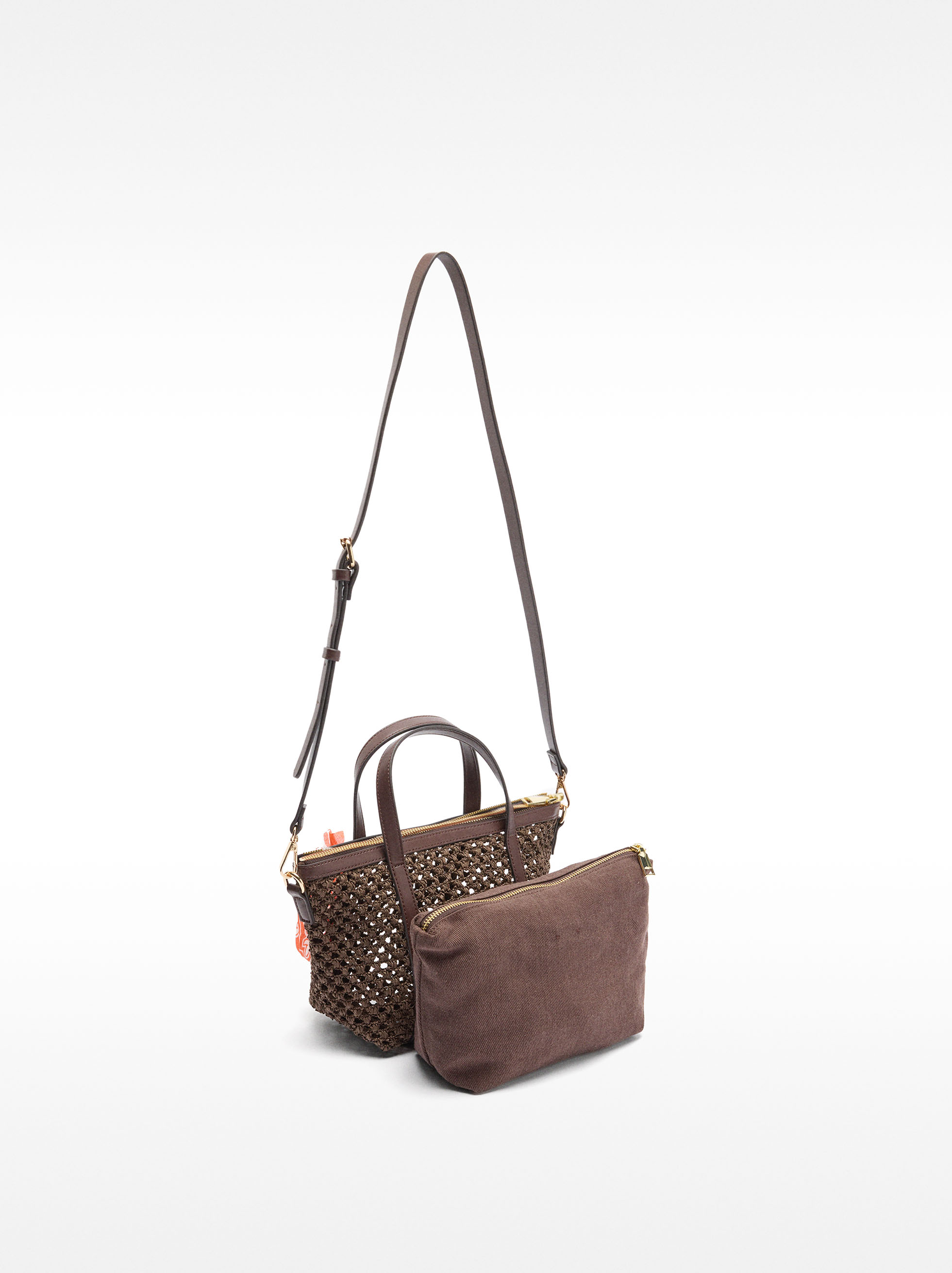 Tote bag with straw effect and removable bag, Brown, hi-res