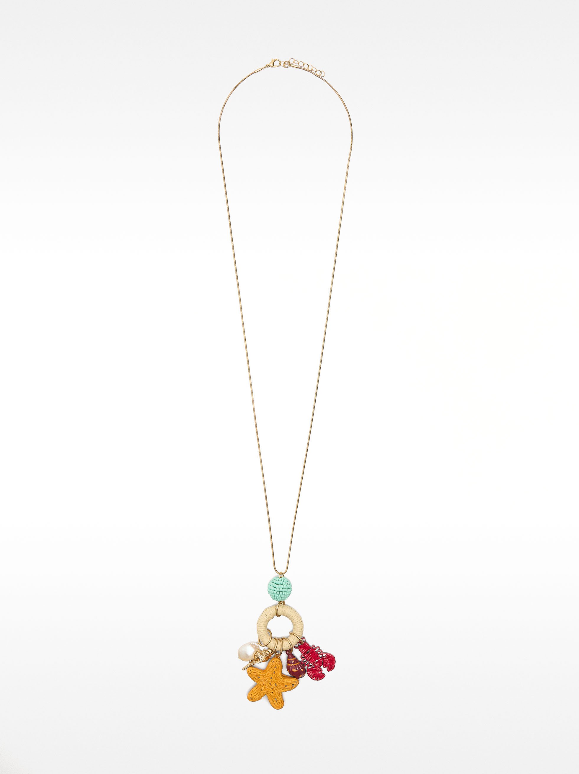 Long necklace with raffia pendants and freshwater pearl image number 0.0