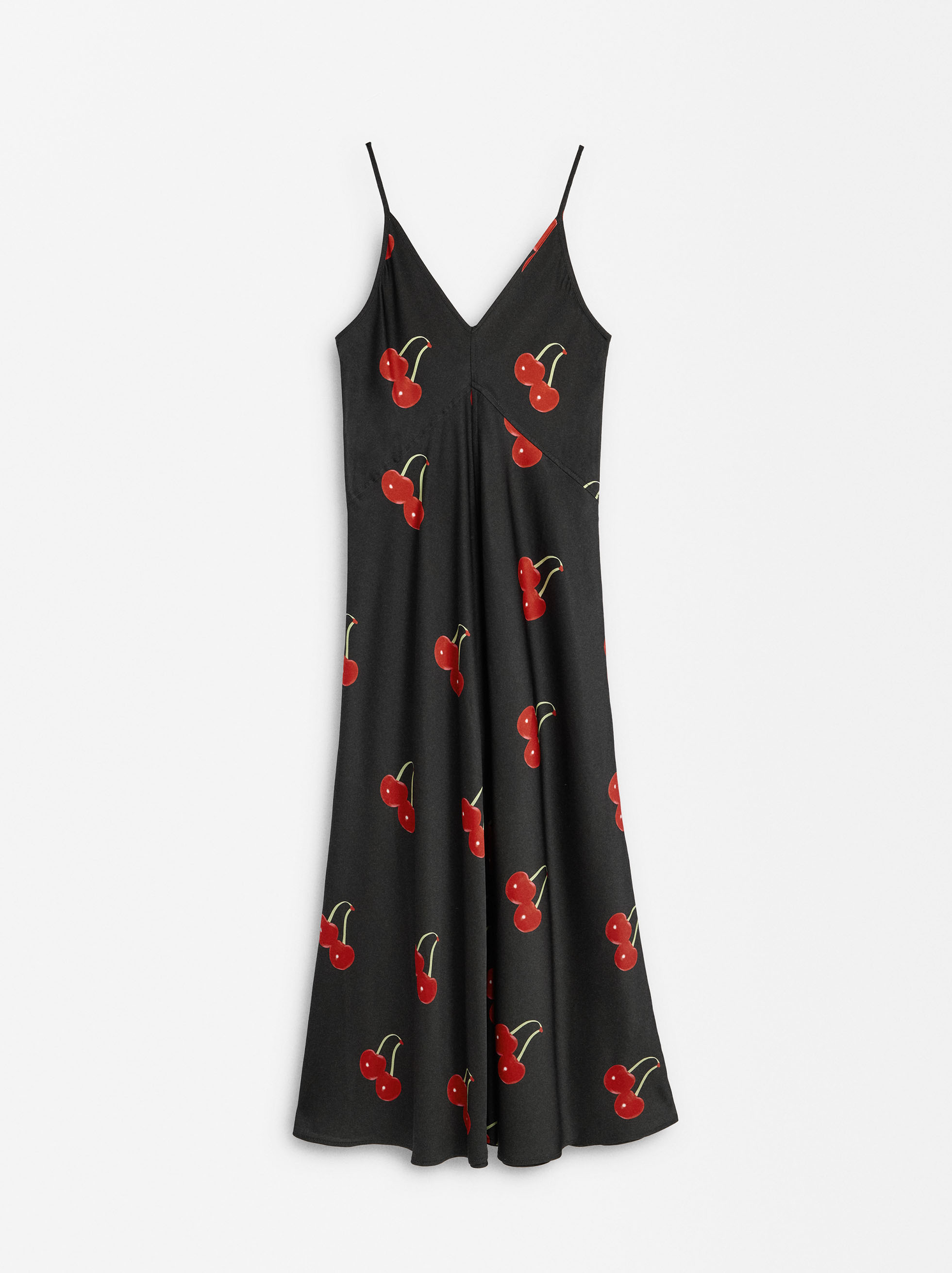 Satin long dress cherry print, Multicolor, hi-res