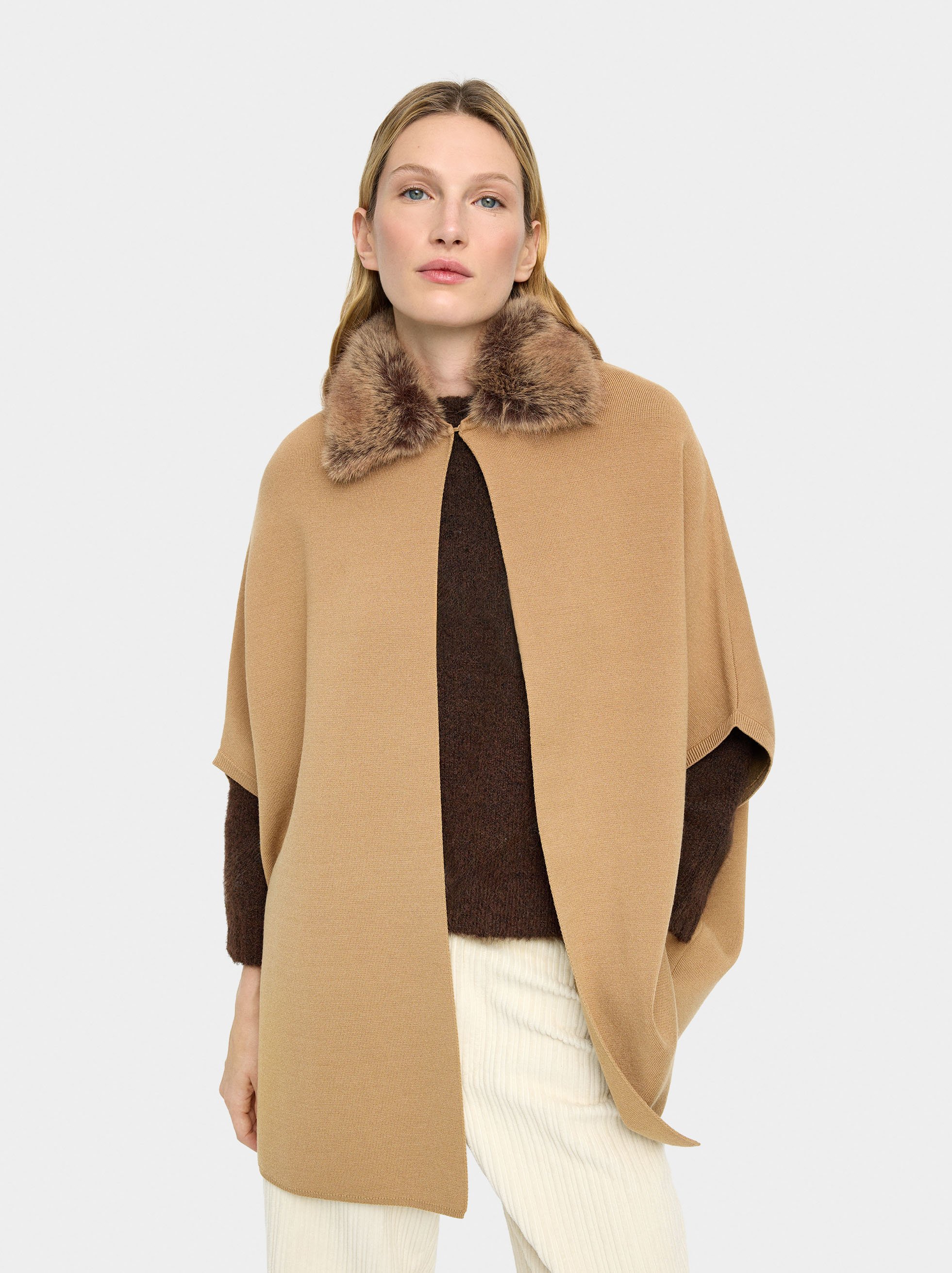 Knit poncho with fur-effect collar image number 1.0