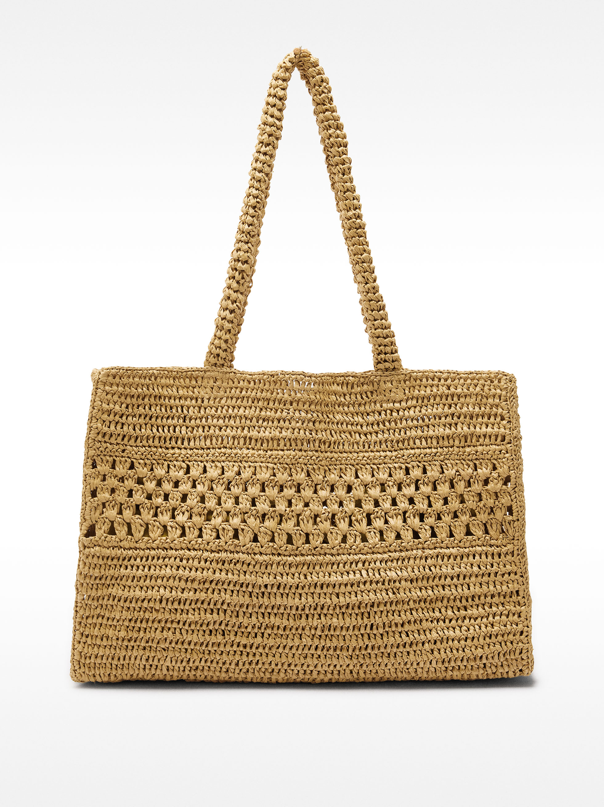 Straw-effect shopper bag with braided detail, Natural, hi-res