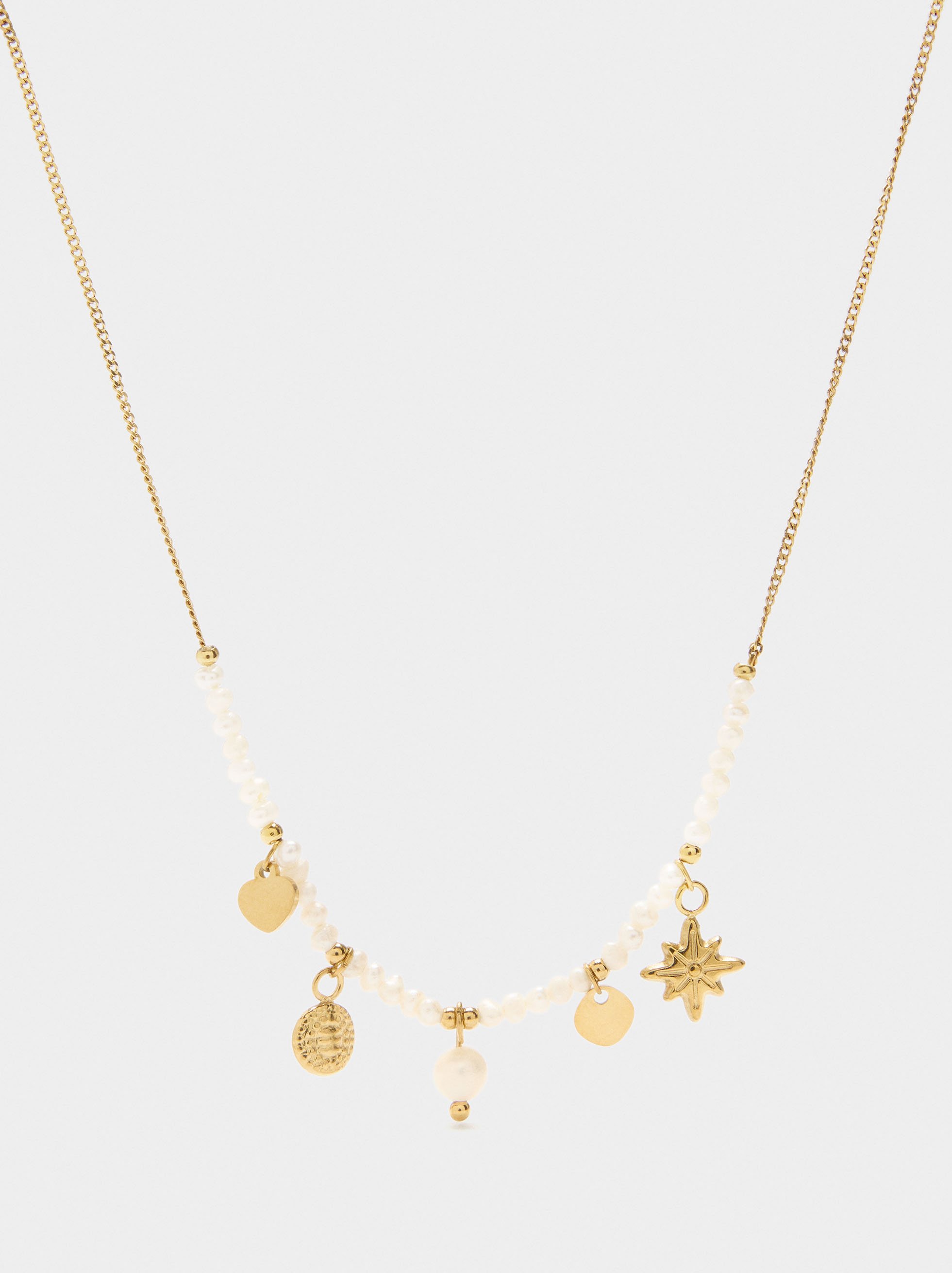 Necklace with charms and freshwater pearls - stainless steel image number 0.0