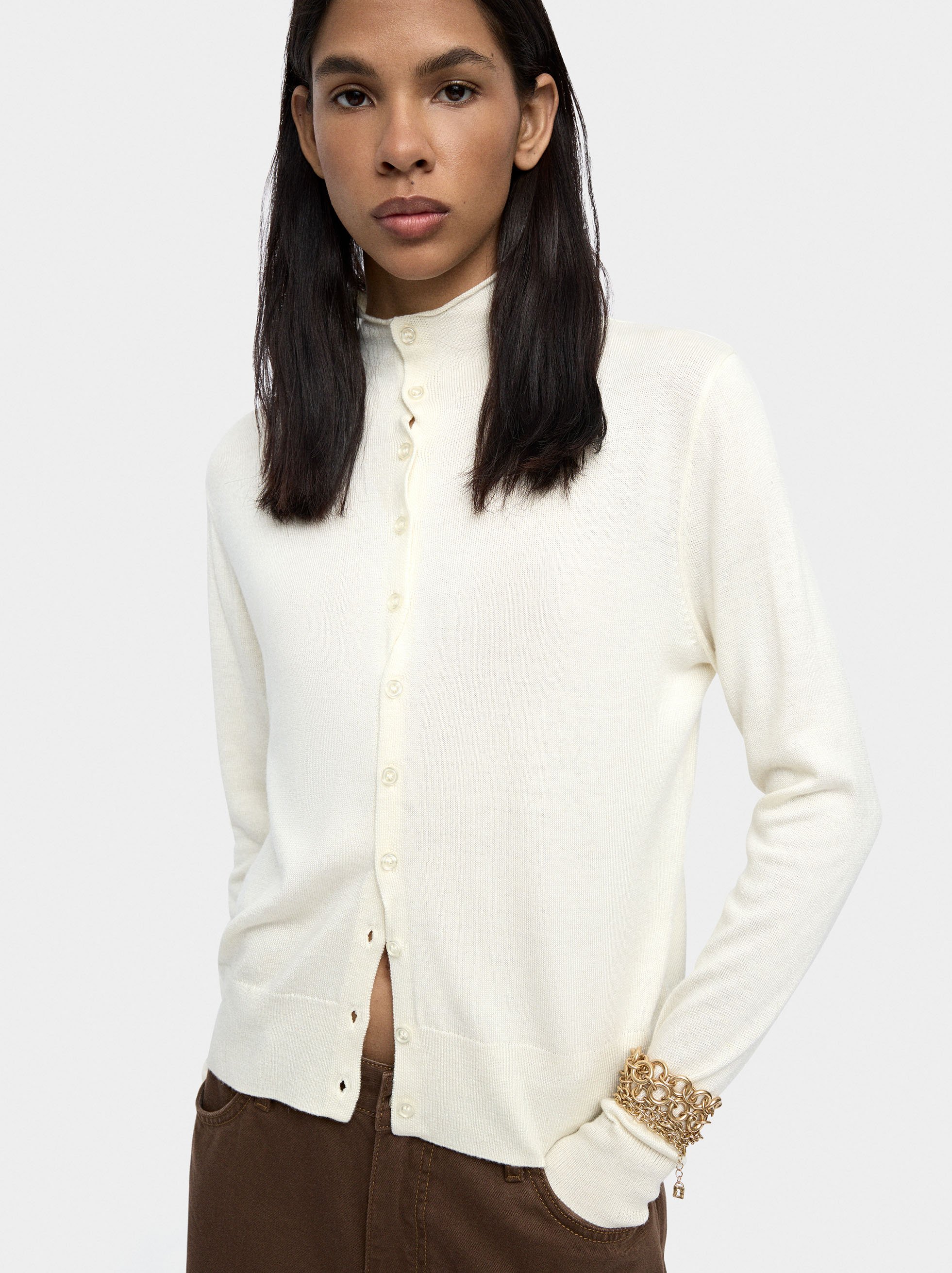 Knit mesh cardigan with high neck image number 1.0
