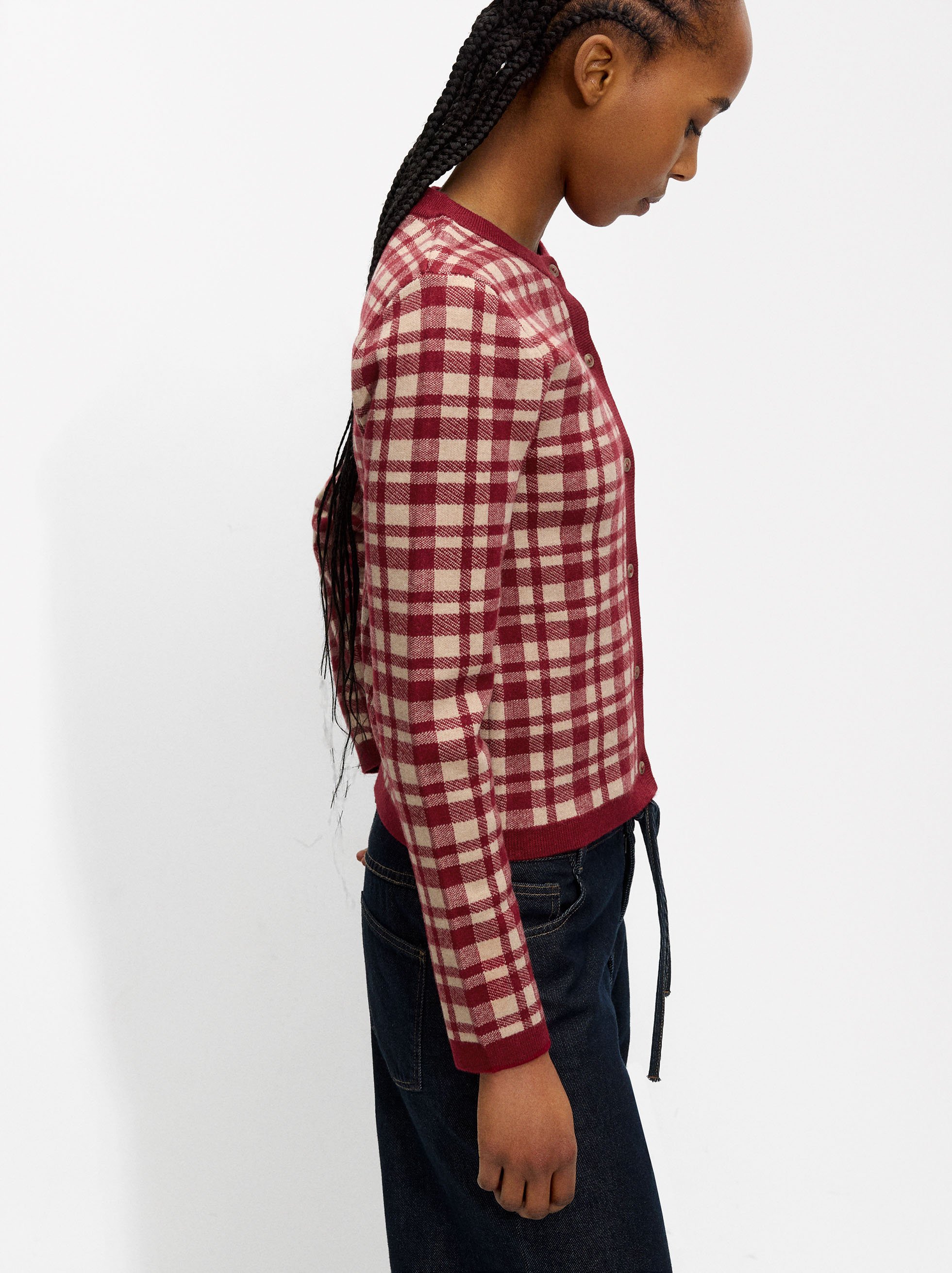 Jacquard knit cardigan with check pattern image number 2.0