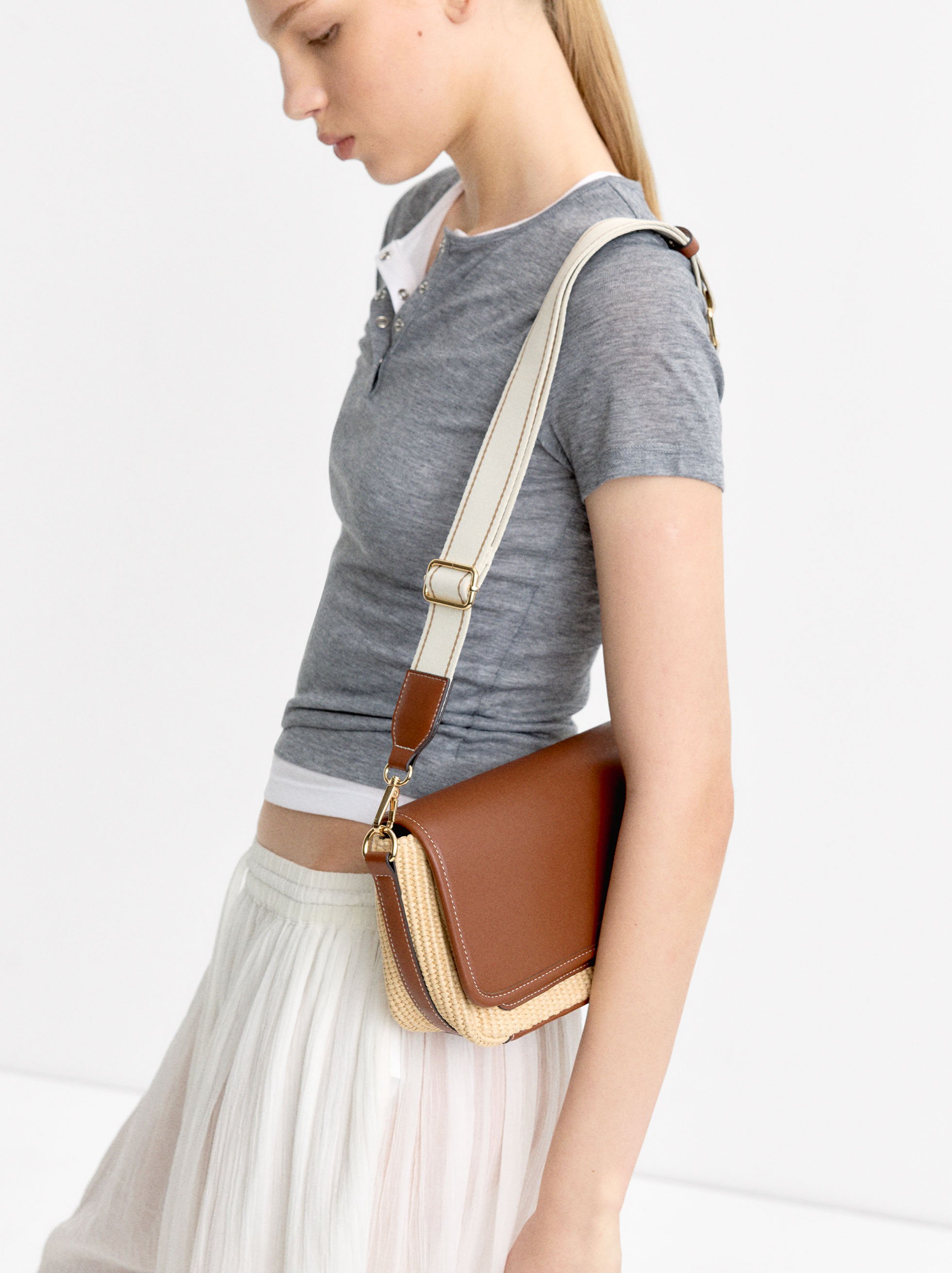 Crossbody bag with straw effect and flap image number 1.0