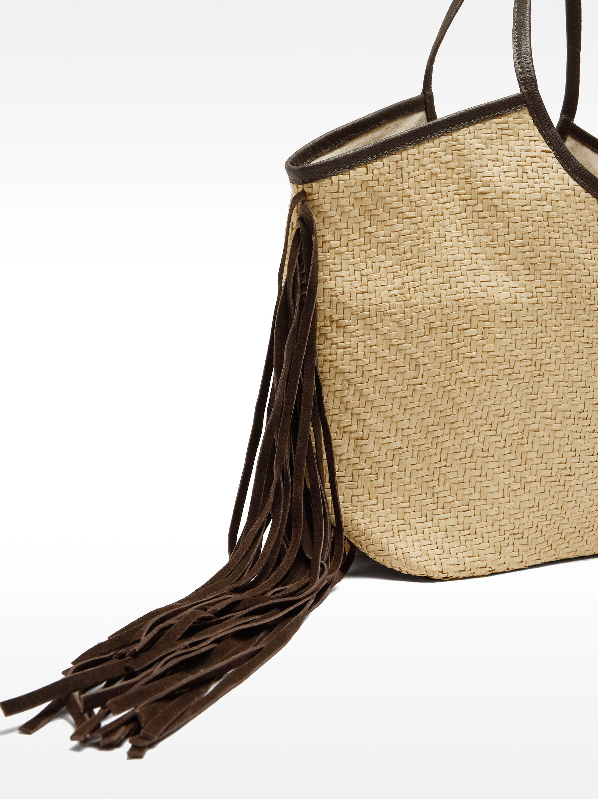 Borsa shopper in rafia con frange in pelle image number 2.0