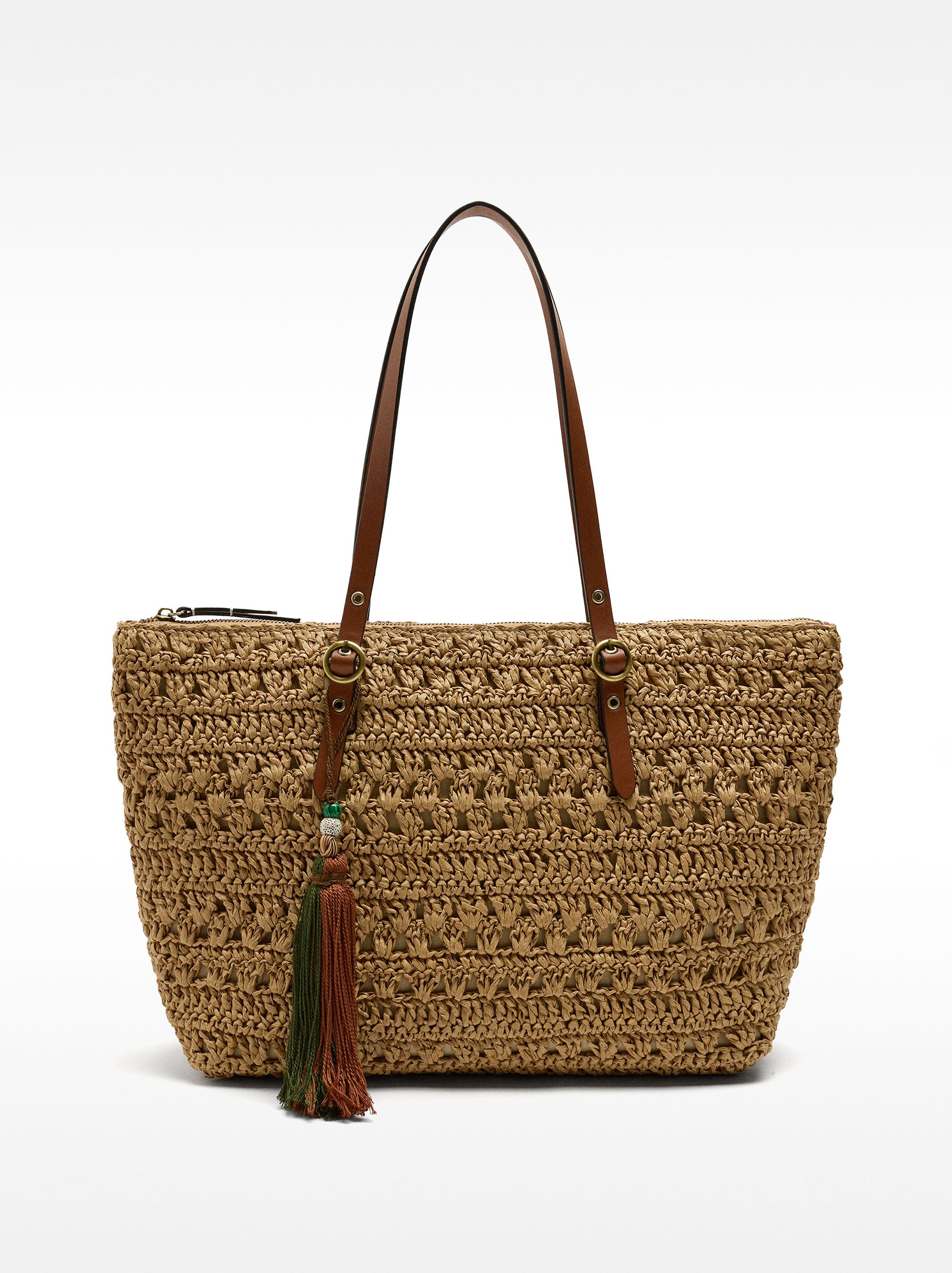 Straw-effect shopper bag with charm image number 0.0