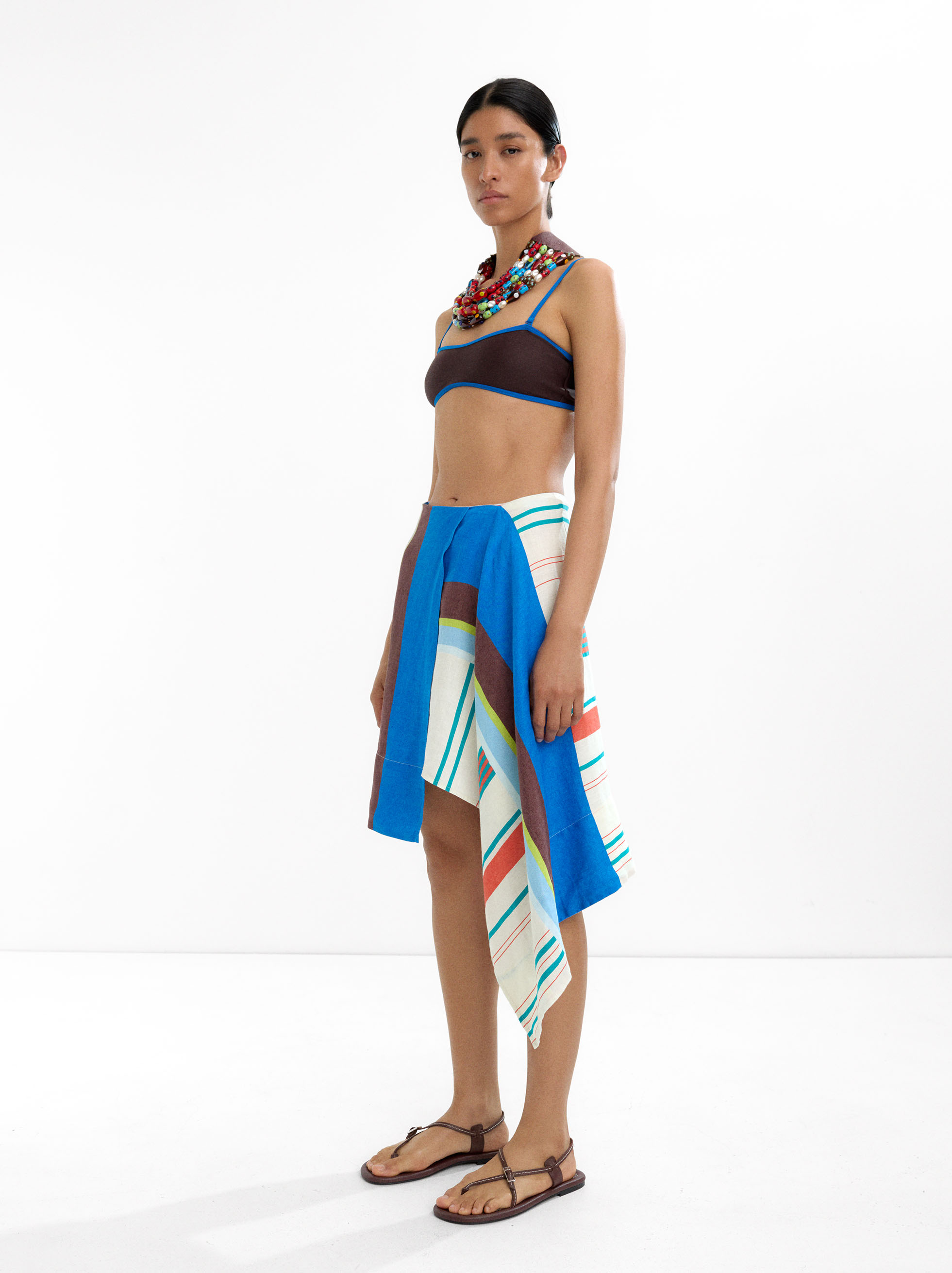 Contrast midi skirt 100% linen image number 2.0