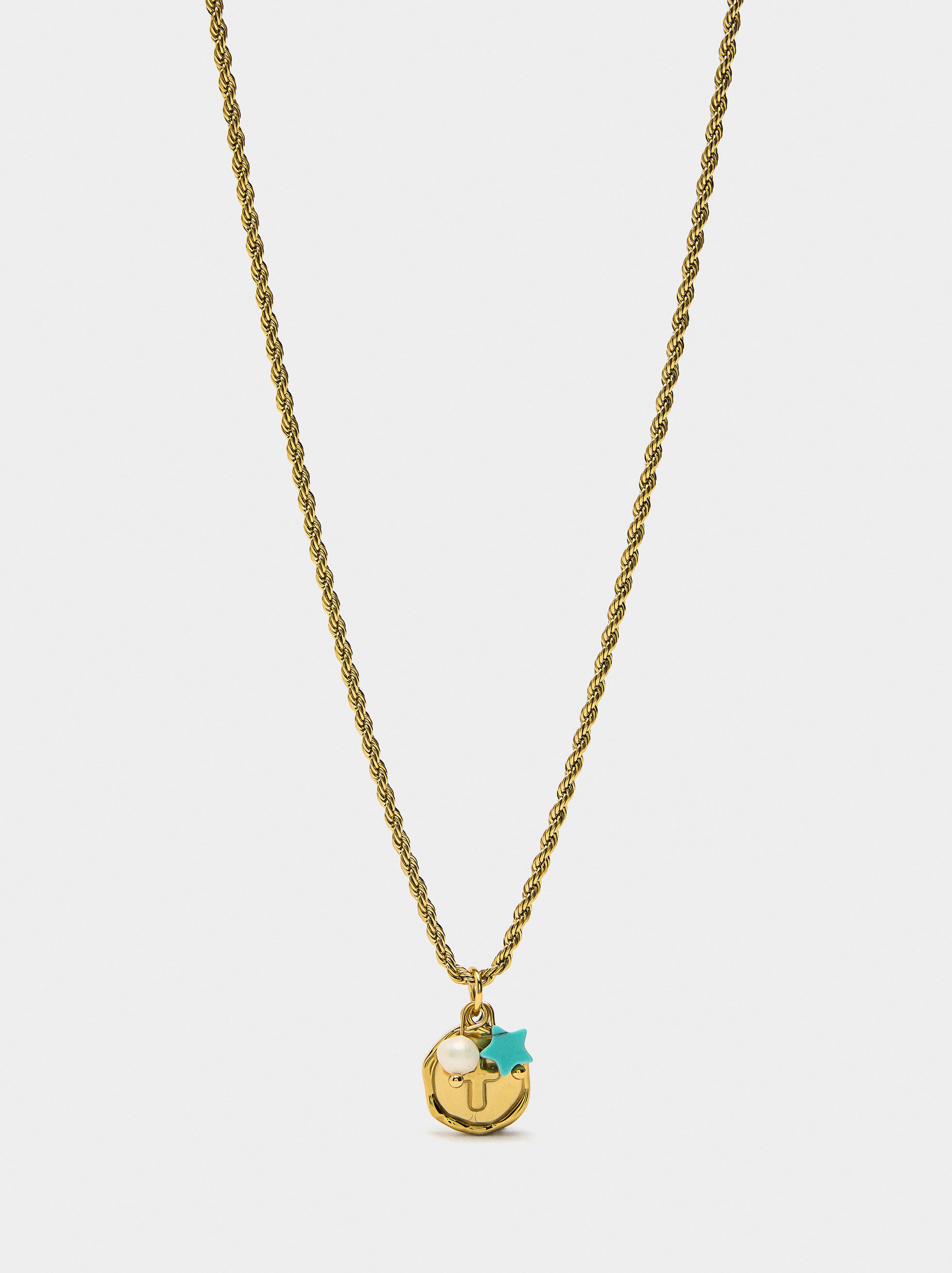 Necklace with stone and freshwater pearl – stainless steel image number 1.0