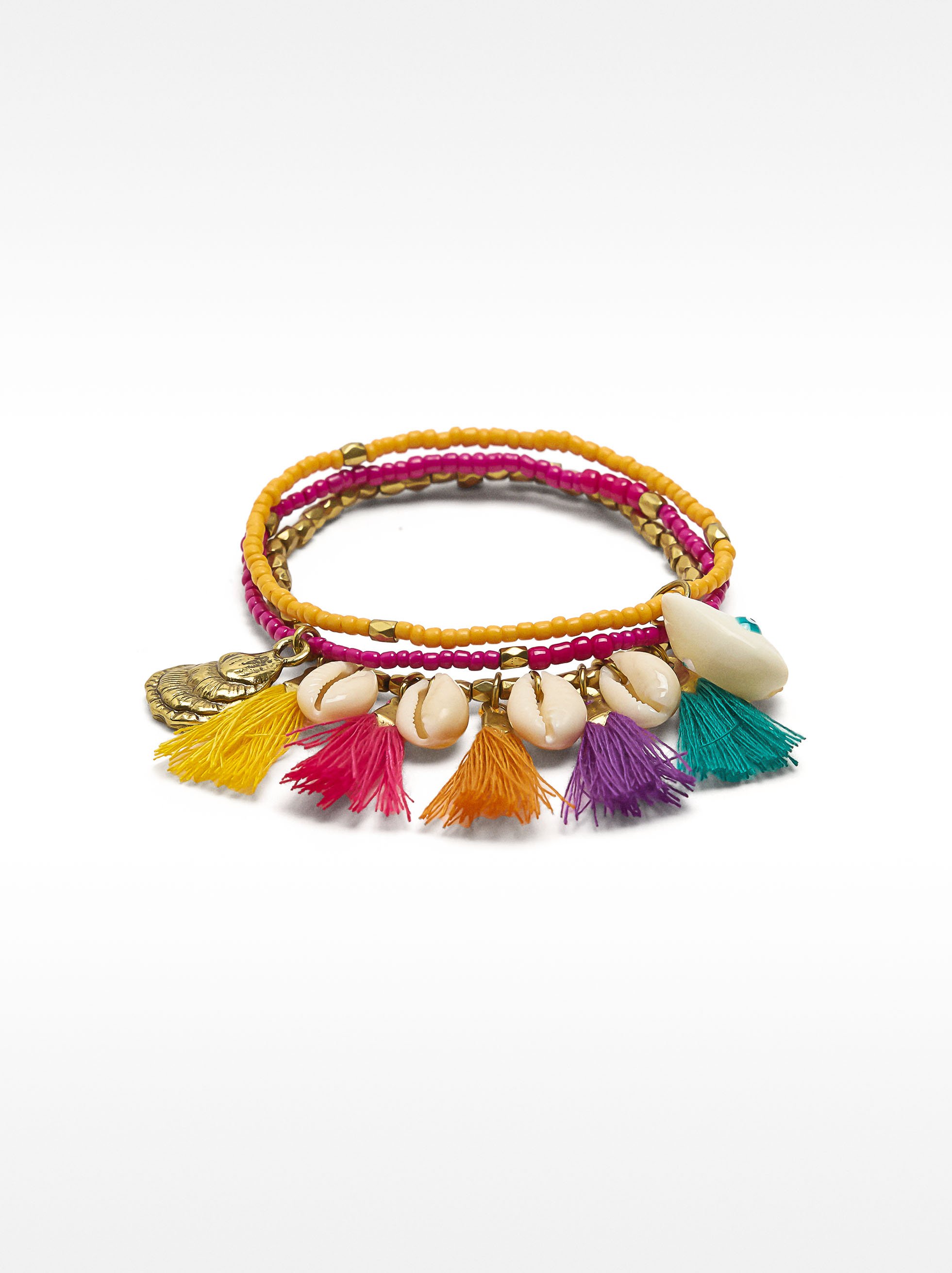 Set of elastic bracelets with multicolor tassels image number 0.0