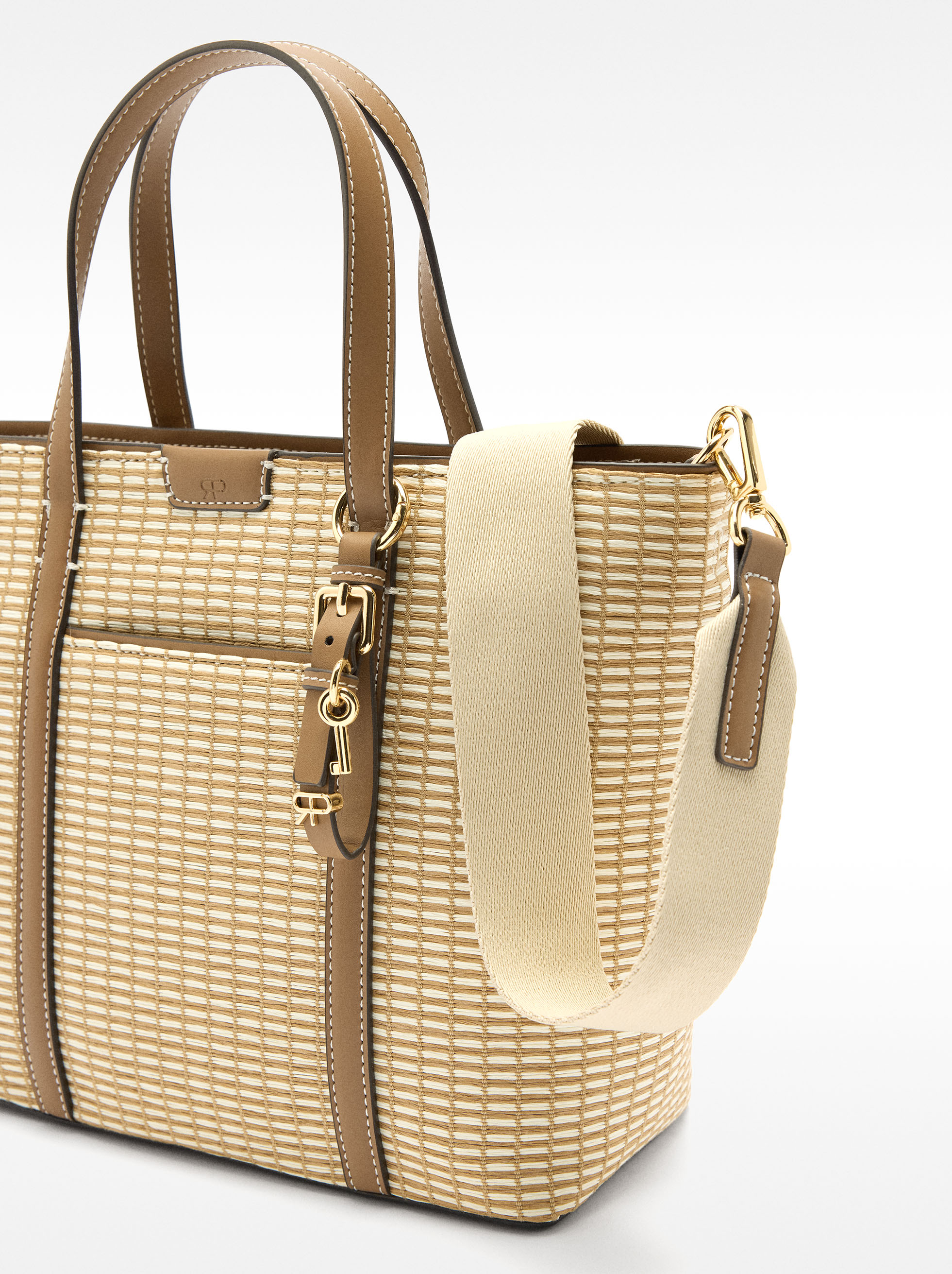 Striped straw effect tote bag image number 2.0
