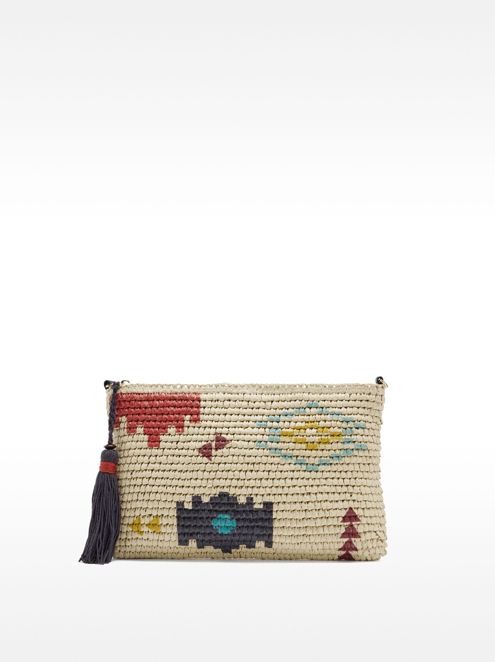 Handtasche mit Stroheffekt, ethnisch bedruckt