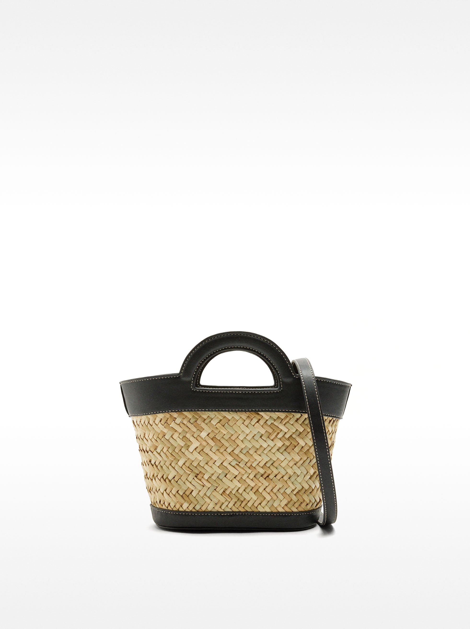 Raffia tote bag with crossbody strap S, Black, hi-res