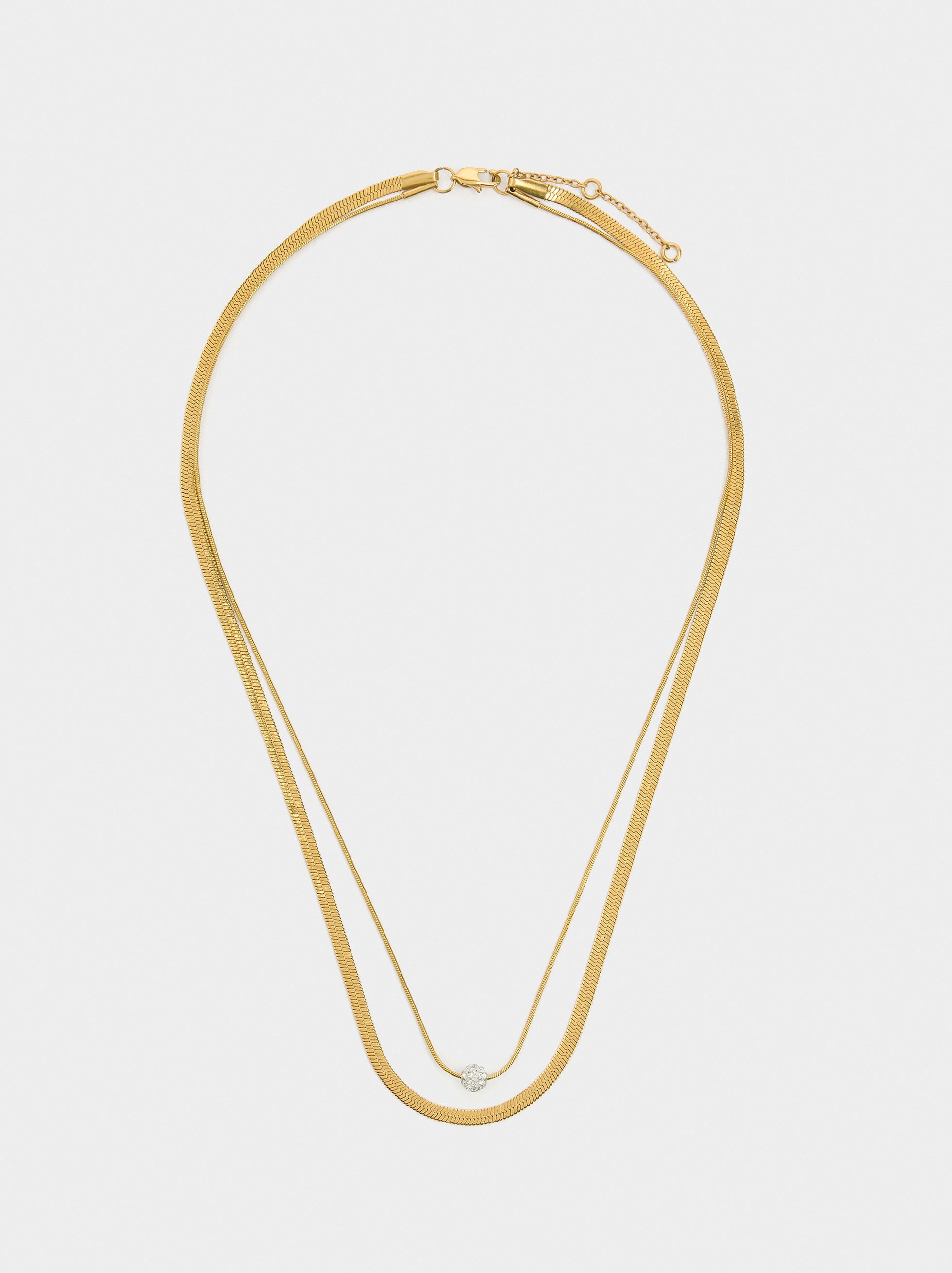 Double snake chain necklace with crystal - stainless steel image number 2.0