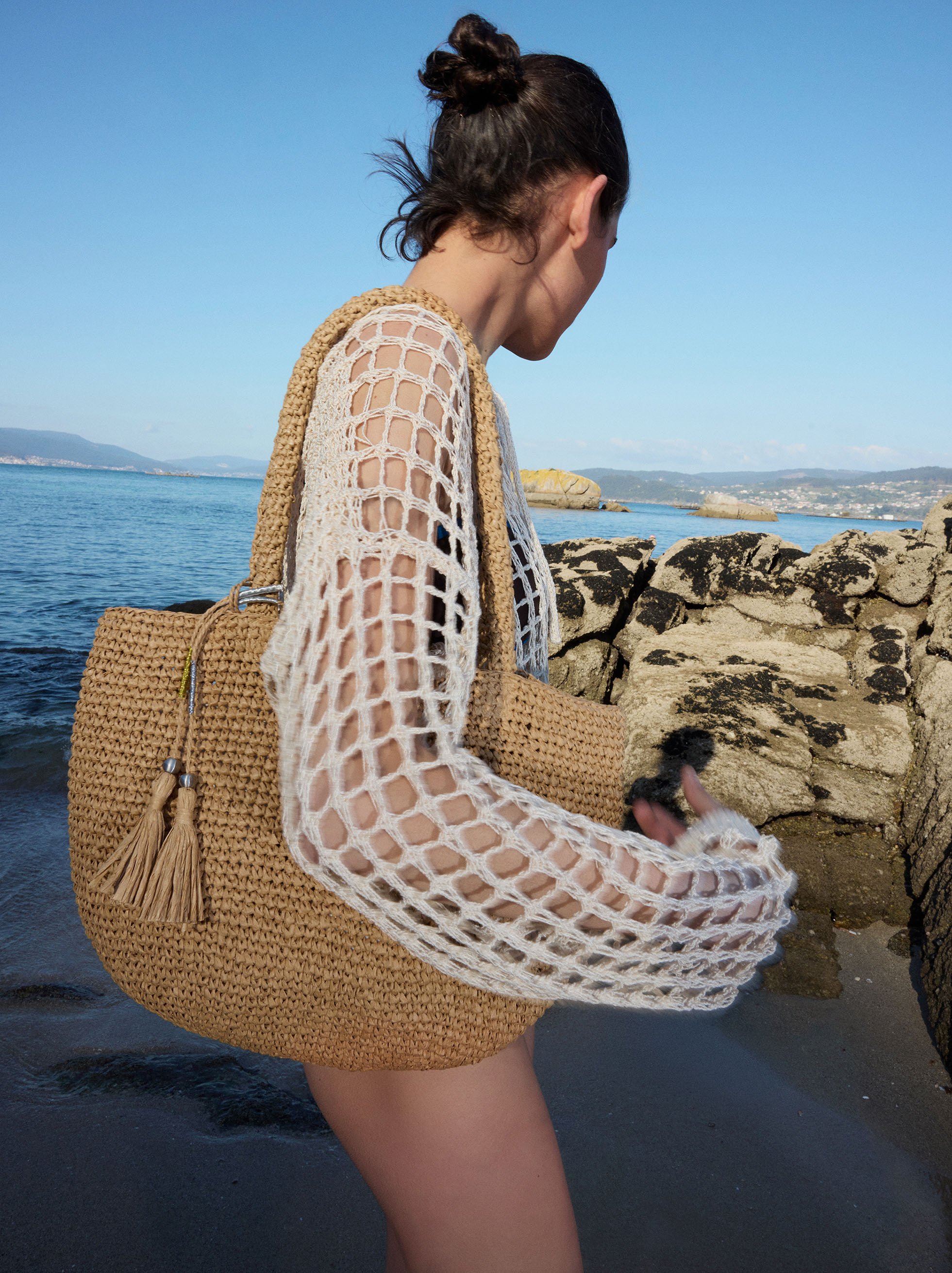 Tote bag with straw effect M
